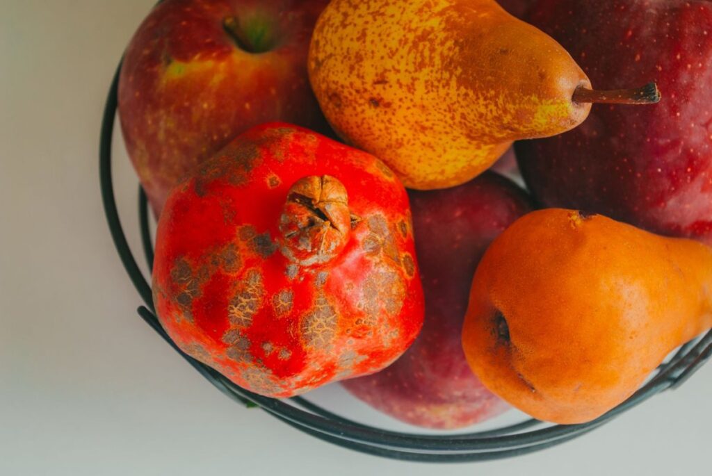 Metal bowl filled with apples, pears and a pomegranate