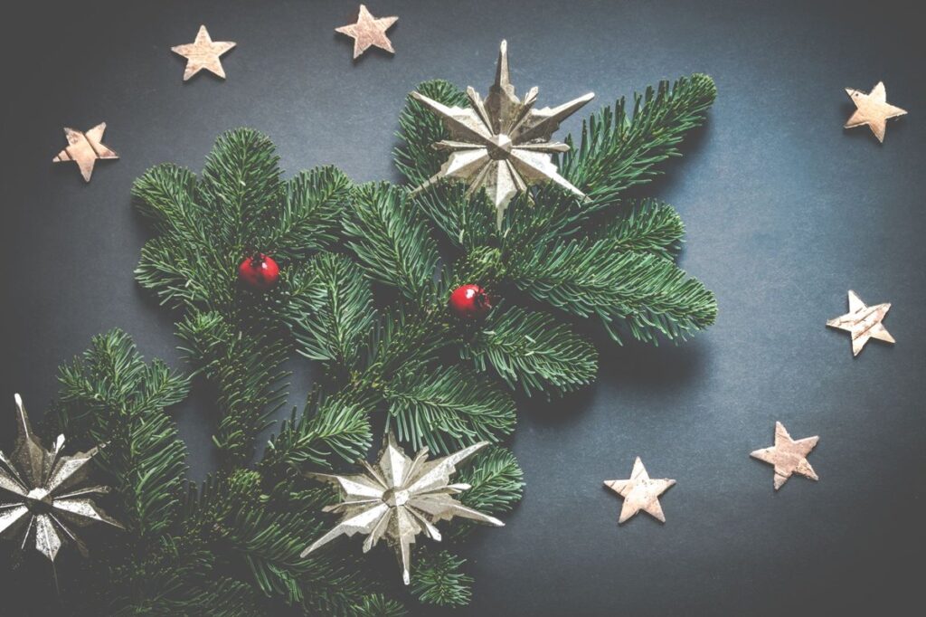 Fir branches and white paper stars laid on a dark surface